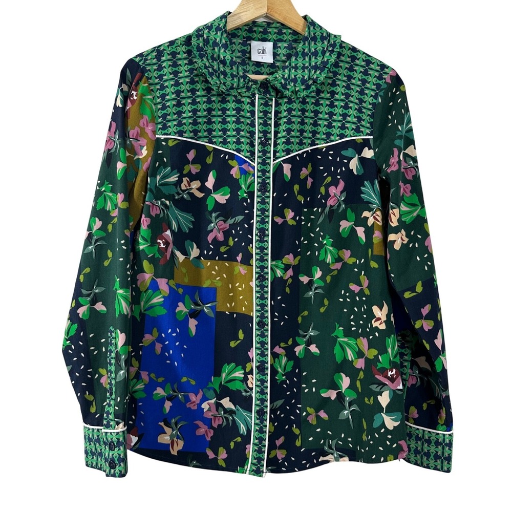 Cabi 5520 Women Green Floral Geometric Mixed Print Button Down Blouse Small